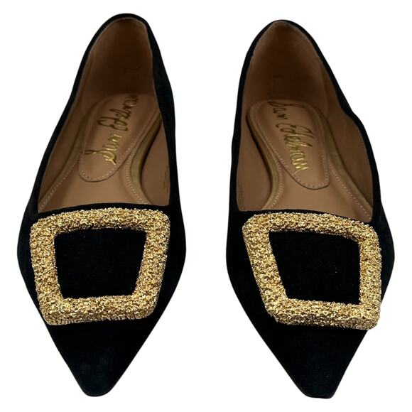 Sam Edelman Nico Gold Tone Buckle Suede Pointed Toe Ballet Flats Shoes Black 6M